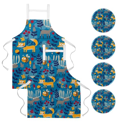 Lot de 2 tabliers de cuisine motif animal forêt avec 4 broches pour bistrot