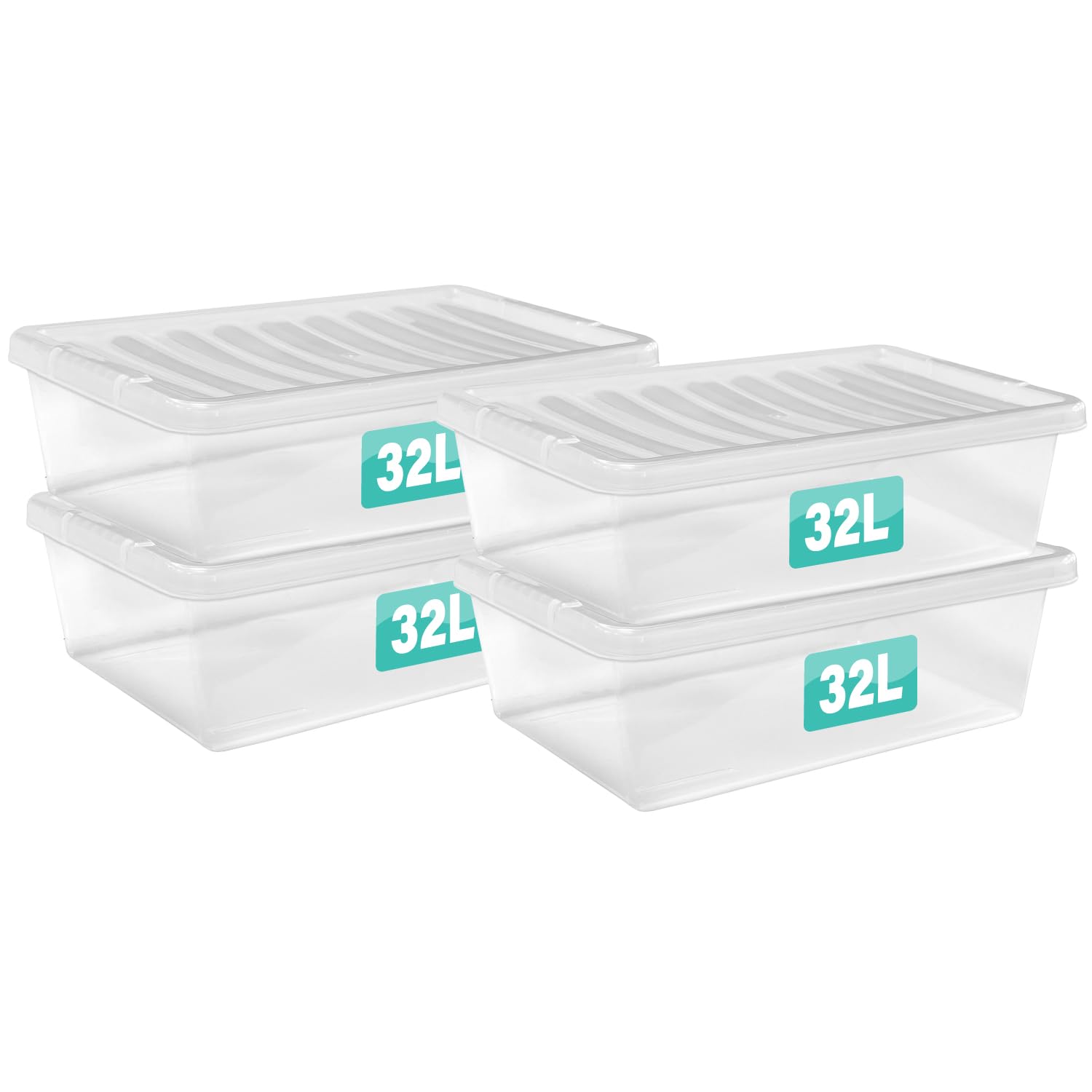 4 x 32 Litres Underbed Storage Boxes With Lids Set of 4, Clear Multipurpose Nestable Stackable Plastic Storage Box With Lid Clear Containers For Home, Kitchen, Garage, Office, Accessories