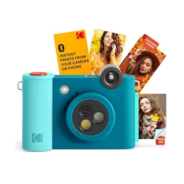 KODAK Smile+ 2-in-1 Digital Instant Print Camera & Wireless Bluetooth Photo Printer – 10MP, Special-Effect Rotating Lens, Zink 2×3” Sticky-Back Photos, Print via Fun App from Smart Devices – Blue
