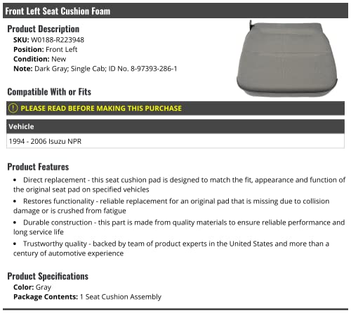 Marketplace Auto Parts Front Left Driver Side Seat Cushion Foam - Compatible with 1994-2006 Isuzu NPR