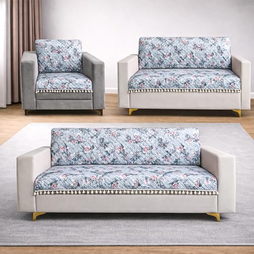 Image of Homerz Premium Printed Quilted Velvet Sofa Slip Cover Protector with Tassels, Sofa Mat, Exact Size, Antislip Cover (Grey Autumn, 6 (3+2+1) Seater, Full)