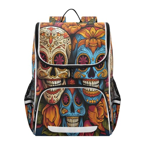 Sac haute capacité crâne floral bleu avec grand compartiment pour étudiants