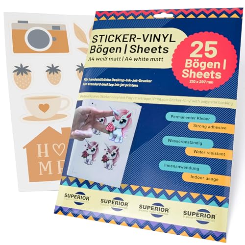 Sticker Papier zum Bedrucken – Superior Sticker Vinyl A4 – Bedruckbare Vinylfolie für Inkjet-Drucker – Selbstklebend & Wasserfest – Für DIY Aufkleber, Etiketten, Basteln & Scrapbooking Sticker Papier zum Bedrucken – Superior Sticker Vinyl A4 – Bedruckbare Vinylfolie für Inkjet-Drucker – Selbstklebend & Wasserfest – Für DIY Aufkleber, Etiketten, Basteln & Scrapbooking