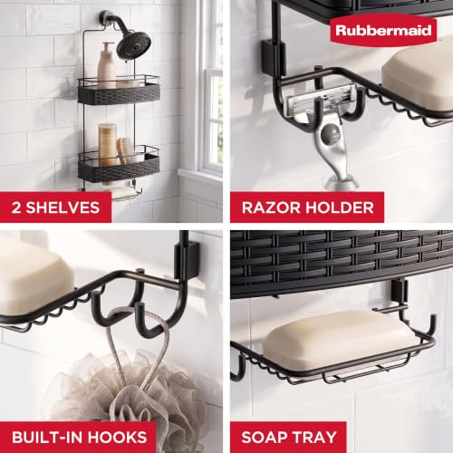 Rubbermaid Hanging Shower Caddy - Rust-Resistant Shower Organizer for Inside Shower, Over Showerhead Steel Storage Rack for Bathroom with 2 Shelves, Soap Holder and Hooks, Black by Rubbermaid - Used condition - Image 4