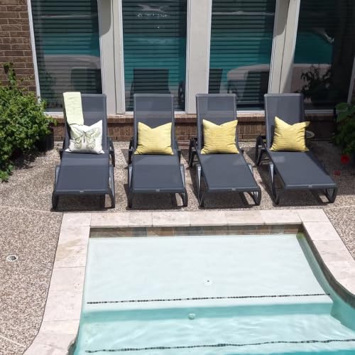 Image of PURPLE LEAF Patio Chaise Lounge Set of 4 Plastic Outdoor Chair, Dark Gray | Aluminum Frame, Plastic + Glass fiber Legs, UV Textilene Fades Less, 5 Recline Angles, 5% Wider Seat, Stackable, Easy-Clean