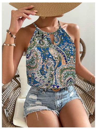 Image of RoseSeek Women's Boho Paisley Print Halter Tops Cut Out Going Out Tops