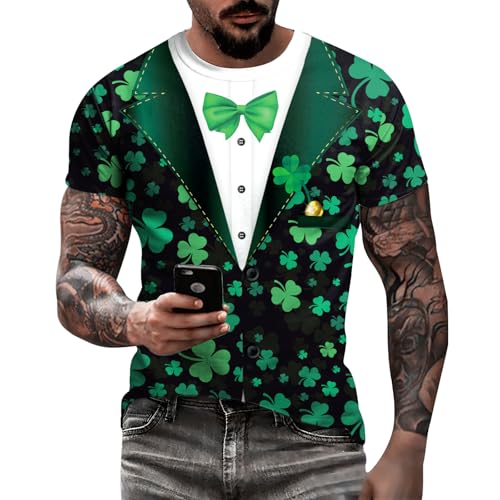 Image of Eciodci Men's St Patricks Day T-Shirts Novelty 3D Printed Shamrock Tuxedo Tees Shirt Clover Leaves Casual Short Sleeve Shirts