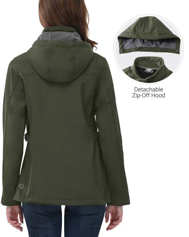 Outdoor Ventures Damen Softshelljacke Kurze Gefütterte Funktionsjacke Wasserdichte Übergangsjacke mit Abnehmbarer Kapuze Regenjacke Outdoor Regenmantel Softshellmantel für Wandern Laufen Oliv-Grün L