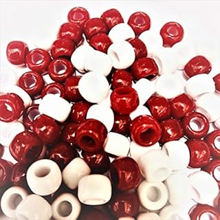 100 x Pony Beads 9mm x 6mm RED WHITE Bracelets Braiding Loom Bands Dummy Clips Hair Colour Acrylic Plastic Barrel Round Jewellery Findings
