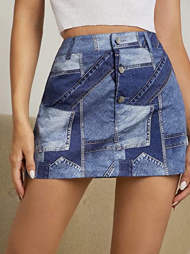 Women's Color Block High Waisted Denim Skirt A Line Mini Jean Skirt