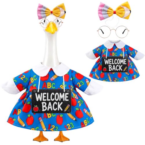 SNASRHTY Porch Goose Back to School Outfit for 23 Inch Goose Statue Teacher Style Classroom Goose Clothes with Pencil Bow Round Glasses and Welcome Back Sign Classroom Door Decor for Teachers