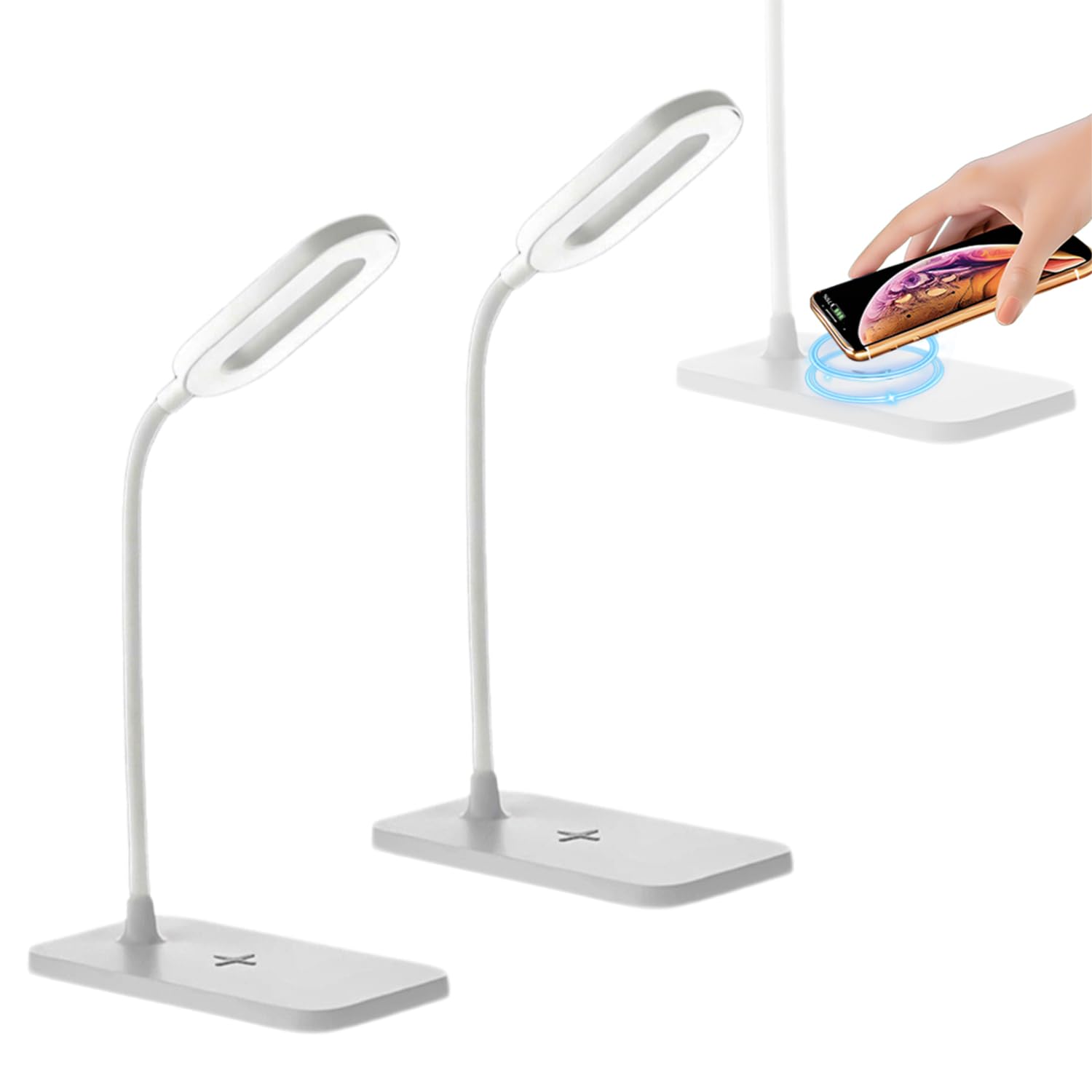 2 lámparas LED de escritorio, lámpara de mesa, luz de noche para el hogar, 3 modos de iluminación, carga rápida inalámbrica, control táctil de luz de escritorio con cuello de cisne ajustable