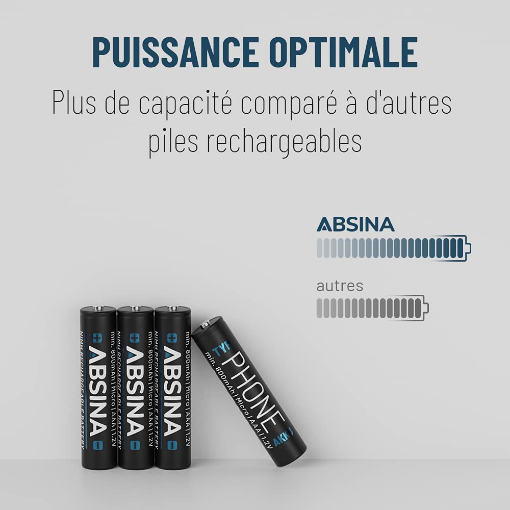ABSINA 4X AAA Batterie Gigaset 800 mAh NiMH 1,2V - Piles pour téléphone Batteries, Pile pour Telephone Fixe sans Fil - Compatible avec A400 A415 AS405 A510 AS690 C430 C530HX E560 CL660HX