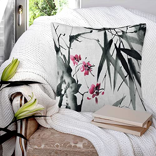 Fundas de cojín de 45 x 45 cm,Tinta de Acuarela Árbol de Sakura y Hojas de bambú Pintura Tradicional Oriental,Funda de cojín Decorativa con Cremallera Oculta,cojín de sofá