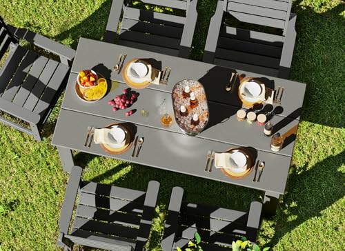 Image of GREENVINES Outdoor Dining Table | 67'' | HDPE | Rectangle Tables for 6 | All-Weather | Umbrella Hole | Patio Furniture | for Poolside Backyard Garden | Grey