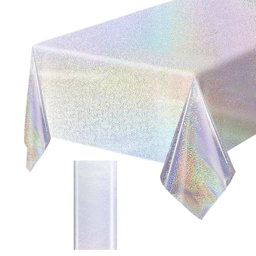 FALIZIFU 1 Pack Silver Iridescent Plastic Tablecloth Disposable 54 108 Inch Glitter Holographic Foil Table Cloth Plastic Laser Rectangle Table Cover for Birthday Wedding Disco Party