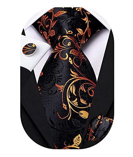 Image of Hi-Tie Paisley Floral Ties Set for Men Silk Mens Stripes Necktie Pocket Square Cufflinks Set Formal Business