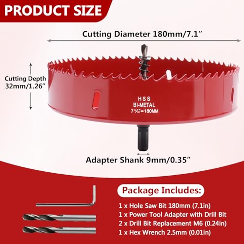 Image of 7.1 Inches /180mm Bi-Metal Hole Saw with Pilot Bit & Arbor | Red-Coated, Cuts Fiberboard, Wood, Drywall, Plastic, Soft Metal, PVC, Cornhole Boards, For Precision Drilling