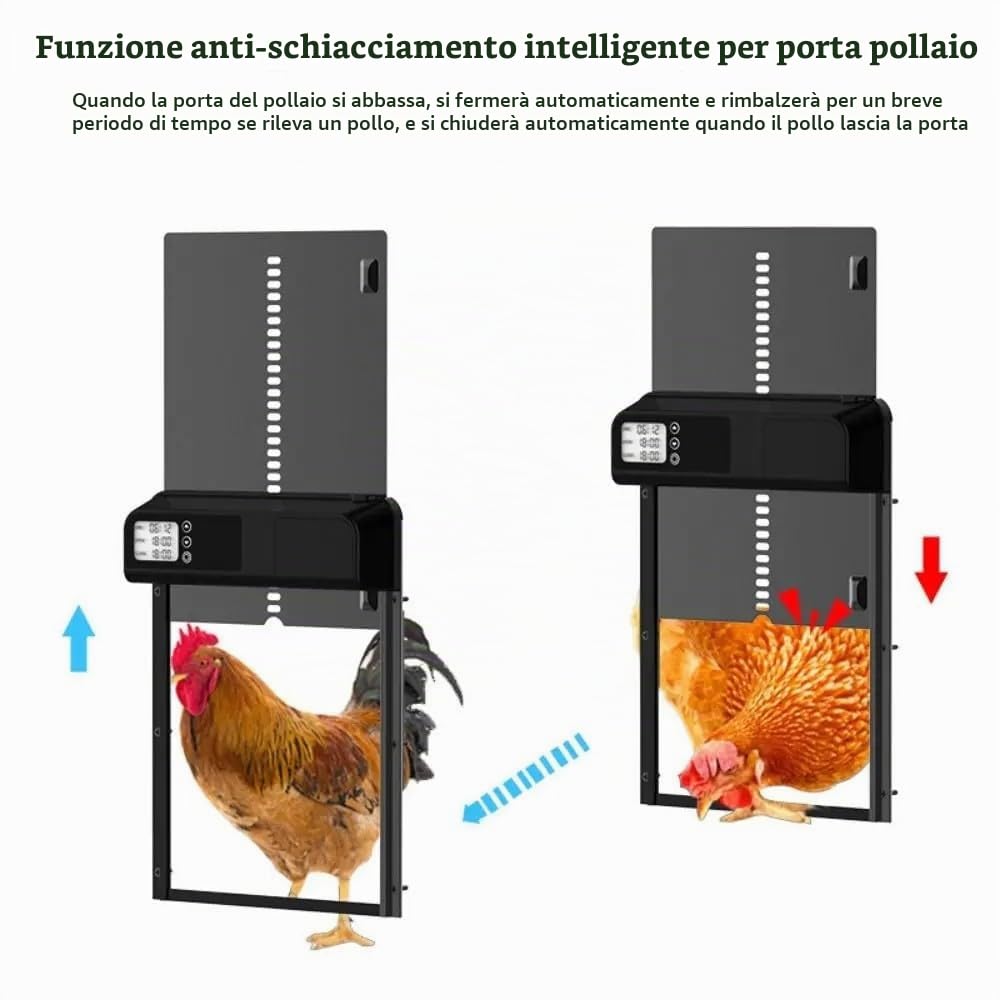 NEWFUN Porta Automatica Pollaio, Lega di Alluminio, Pollaio Automatico con Ampio Display Impermeabile, Protezione Intelligente Anti-schiacciamento, Adatto per l'allevamento sicuro dei Polli