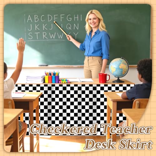 Image of 9FT Black and White Checkered Table Skirt Teacher Desk Skirt for Classroom Rectangle Back to School Tablecloth for Race Car Birthday Party Decorations Kindergarten Office Dorm Bookcase Cabinet