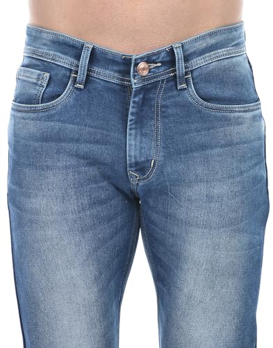 Image of Numero Uno Men Solid Blue Denim Tapered Fit Jeans