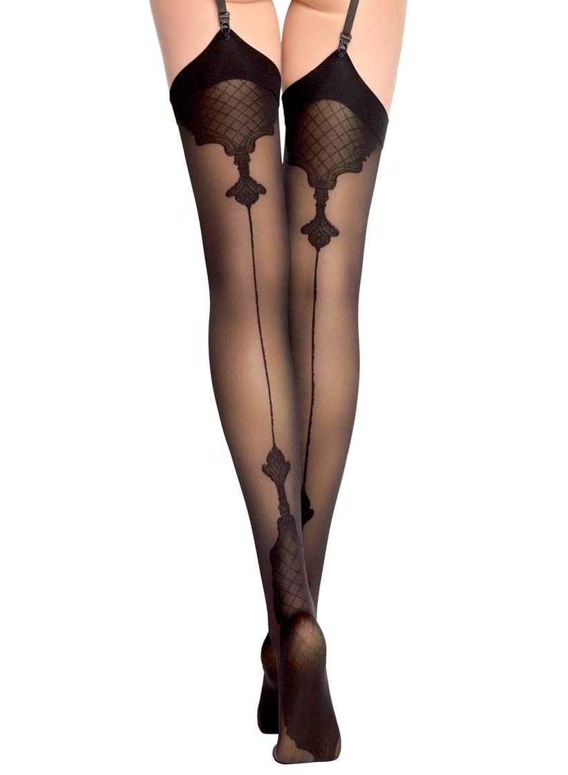 Fiore Vanity - Bas fantaisie avec motif couture 40den pour Porte-Jarretelles - 3 - Noir