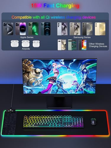 Image of RGB Gaming Mouse Pad with Fast Wireless Charger, LED Extended Desk Mat, Home Office Large Desk Pad with Ultra-Smooth Surface, Non-Slip Base, Waterproof Keyboard Pad (Black)