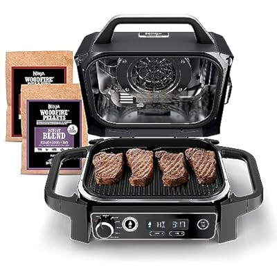 Ninja OG701 Woodfire Outdoor Grill & Smoker, 7-in-1 Master Grill, BBQ Smoker, Air Fryer plus Bake, Roast, Dehydrate, & Broil uses Woodfire Pellets(1 Pack Included), Portable, Electric, Grey(Renewed)