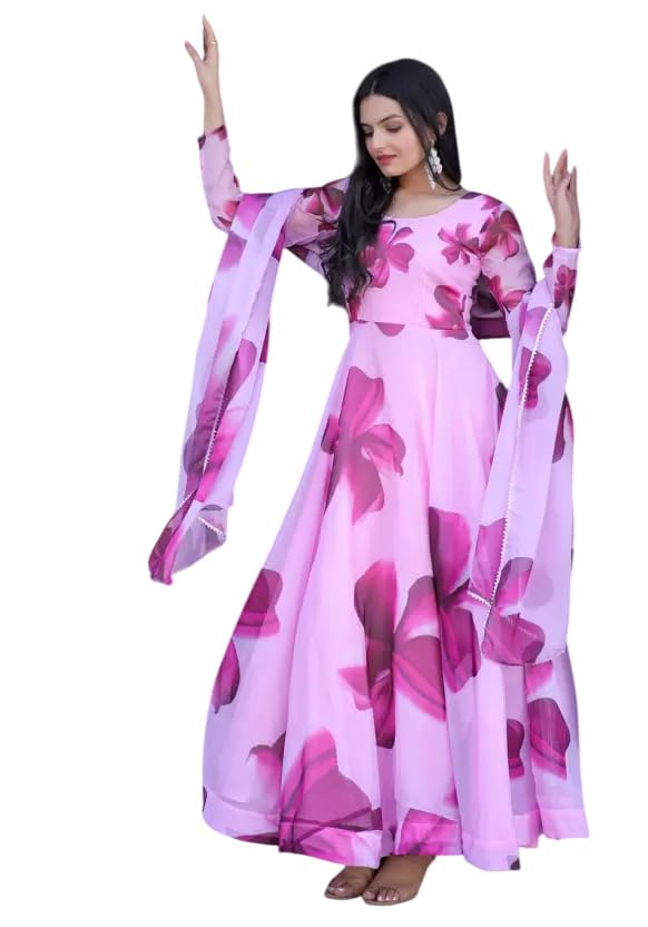 Pink Printed Georgette Anarkali Gown with Dupatta for Women, Floral Printed Organza Dress, Kurta with Dupatta-image-46