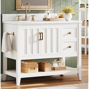 IRONCK 36″ Bathroom Vanity with Sink, Bathroom Cabinet with 2 Drawers & Open Shelf for Guest Baths Master Suites or Rental Units, Industrial White