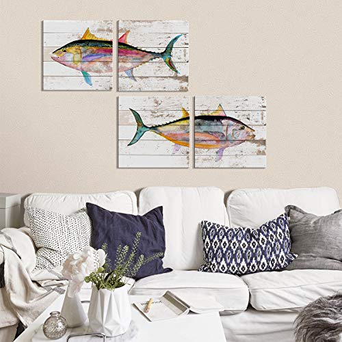Fish Wall Art Nautical Decor Farmhouse Beach House Bathroom Decor Coastal Fish Pictures Vintage Ocean Decor Colorful Tuna Fish Canvas Poster For Bedroom Living Room Kitchen Home Decoration 12X12" 4 Piece #TOP7