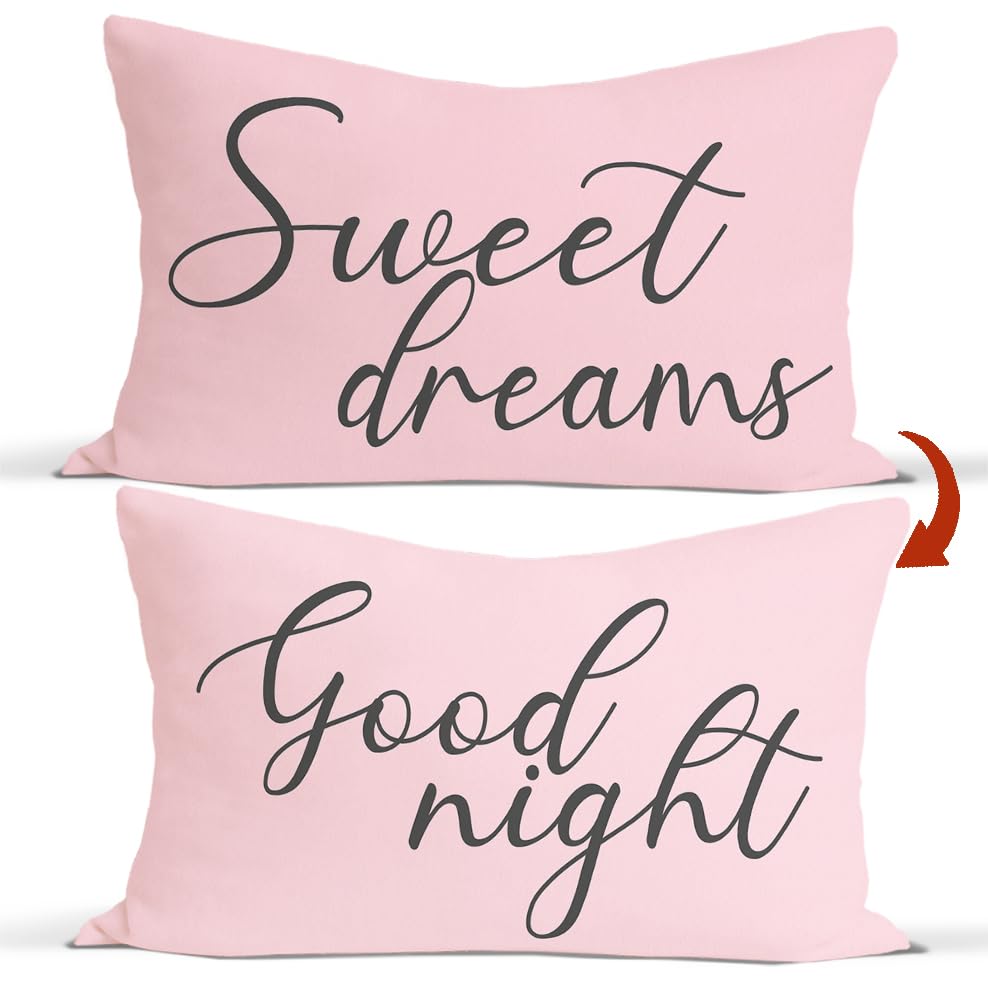 Rusenbao Pink Reversible Throw Pillow Covers for Bed, Sweet Dreams Good Night 12 x 20 Lumbar Pillowcase Decorate Bedroom Guest Room
