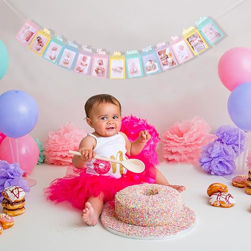Image of Rainbow Girls 1st Birthday Decorations - Colorful 1 To 12 Months Photo Banner,Newborn Monthly Milestone Photos,Baby Girl First Year Rainbow Themed Photo Banner,Newborn Sweet One Birthday Banner