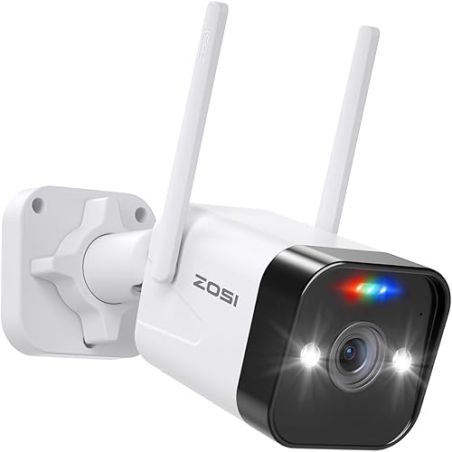 ZOSI Cámara de seguridad para exteriores, cámara WiFi enchufable de 4MP con alarma de sonido de foco, visión nocturna a color, audio de 2 vías,
