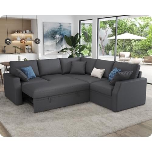 VanAcc Sofa Bed, 85 Inch Sleeper Couch with Storage Seat, L Shaped Sofa with Pull Out Sofa Bed, Sectional Couches for Living Room Apartment, Grey Linen Couch Sofa