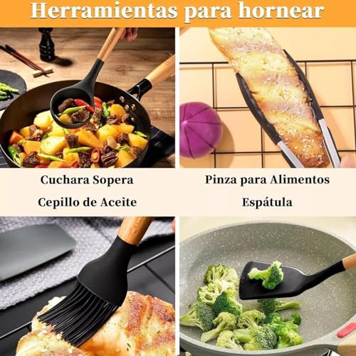 Image of Silicone Cooking Utensils Kitchen Utensil Set, 12 PCS Wooden Handle Nontoxic Silicone Spoon Spatula Turner Tongs Kitchen Gadgets Utensil Set for Nonstick Cookware with Holder (Multicolor)