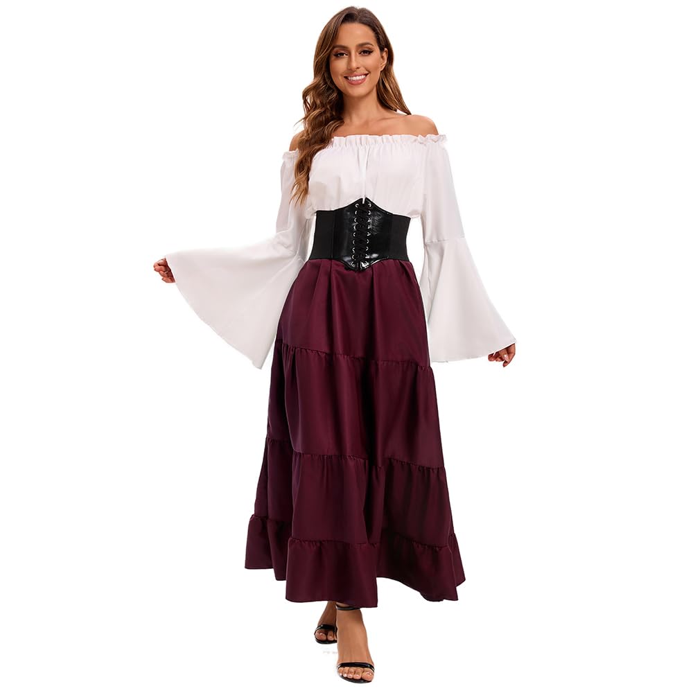 Feynman Robe médiévale rétro pour femme avec manches trompette - Reine victorienne médiévale Renaissance gothique - Robe maxi pour carnaval, Halloween, fête