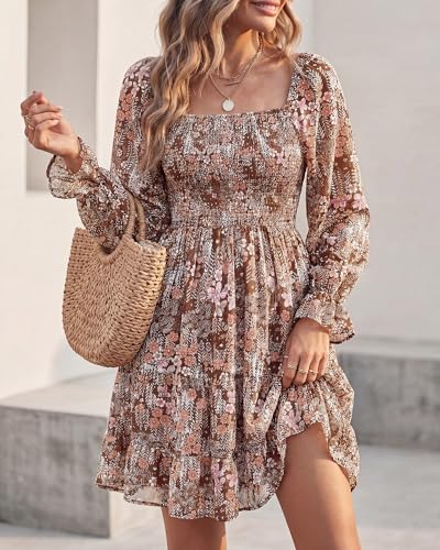 Image of BTFBM Womens Long Sleeve Dress Summer Vacation Square Neck Smocked Floral Mini Boho Fall Wedding Guest Dresses 2026