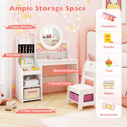 Image of HONEY JOY Kids Vanity with Lights, Wooden Princess Makeup Dressing Vanity Desk with Jewelry Storage, Open Shelves, 2 in 1 Toddler Vanity Table & Chair Set with Lighted Mirror for Little Girls(White)