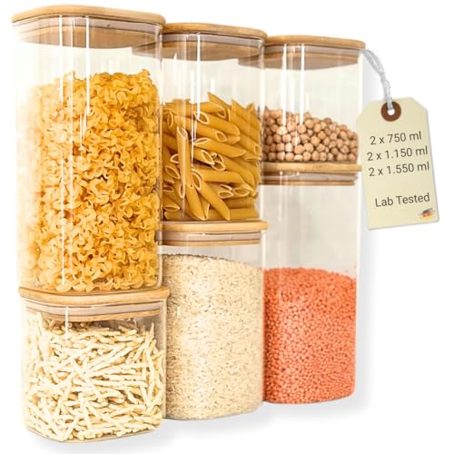 KIMIJO Vorratsgläser 6er Set - 2 x 750, 2 x 1.150, 2 x 1.500ml – eckig & luftdicht - Borosilikatglas, Bambusdeckel & BPA freie Silikondichtung - Perfekt für Pasta, Müsli, Gewürze & Tiertrockenfutter