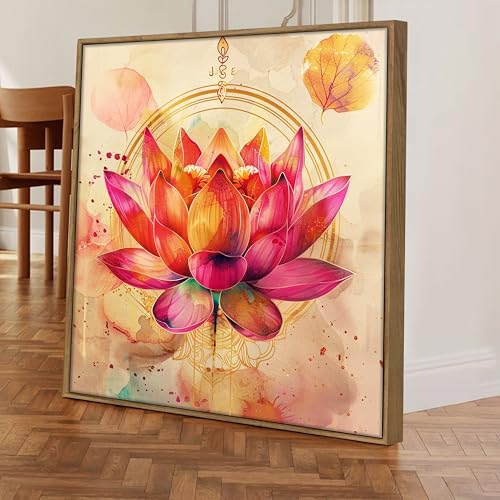 Image of Pink Vastu Lotus Framed Canvas Wall Art Painting for Living Room | Elegant Floral Artwork Painting with Frame | Modern Spiritual Wall Decor for Home, Bedroom & Office, 23x23 Inch