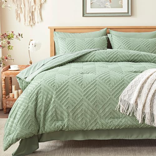 Image of Zzlpp Full Comforter Set 7 Pieces, Sage Green Tufted Bed in a Bag with Comforter and Sheets, All Season Boho Bedding Sets with 1 Comforter, 2 Pillow Shams, 2 Pillowcases, 1 Flat Sheet, 1 Fitted Sheet
