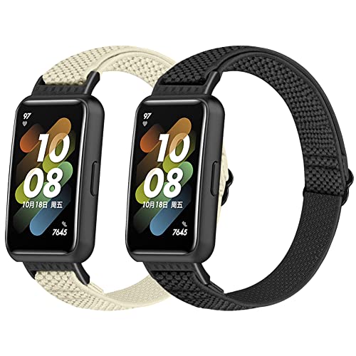 Huamanlou 2 Stück Elastisch Armband Kompatibel mit Huawei Band 7, Nylon Verstellbarer Ersatzarmband Armbänder Sport Uhrenarmband Damen Herren für Huawei Band 7 Cover