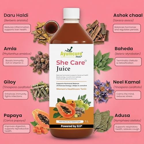 Image of Ayumcure She Care Juice for Women, 1000ml | Supports Hormonal Balance, PCOS /PCOD Support & Regular Menstrual Cycles | With Ashok Chaal, Papaya Leaf, Daru Haldi, Bel Ka Fal, Amla, Giloy & Herbs | No Added Sugar