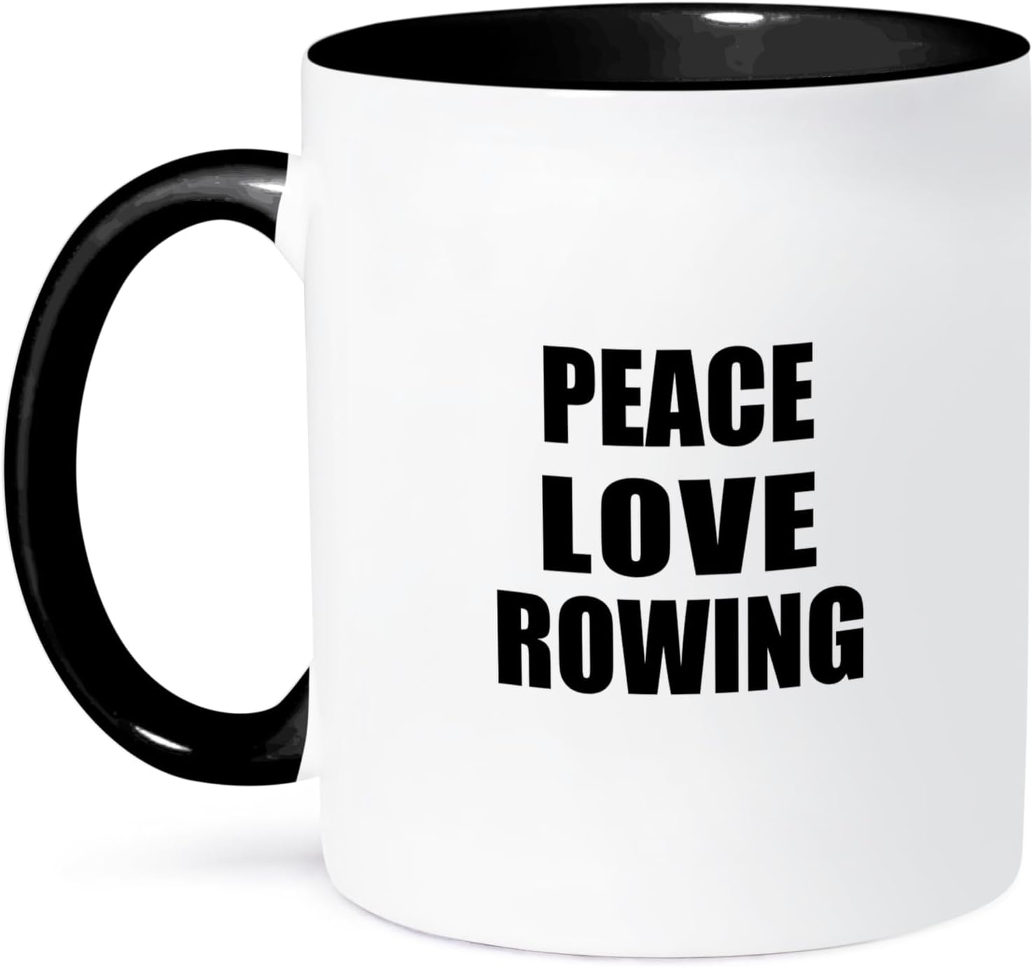 3dRose Peace Love and Rowing – Things that make me happy – Rower sport gift 11oz Two-Tone Black Mug