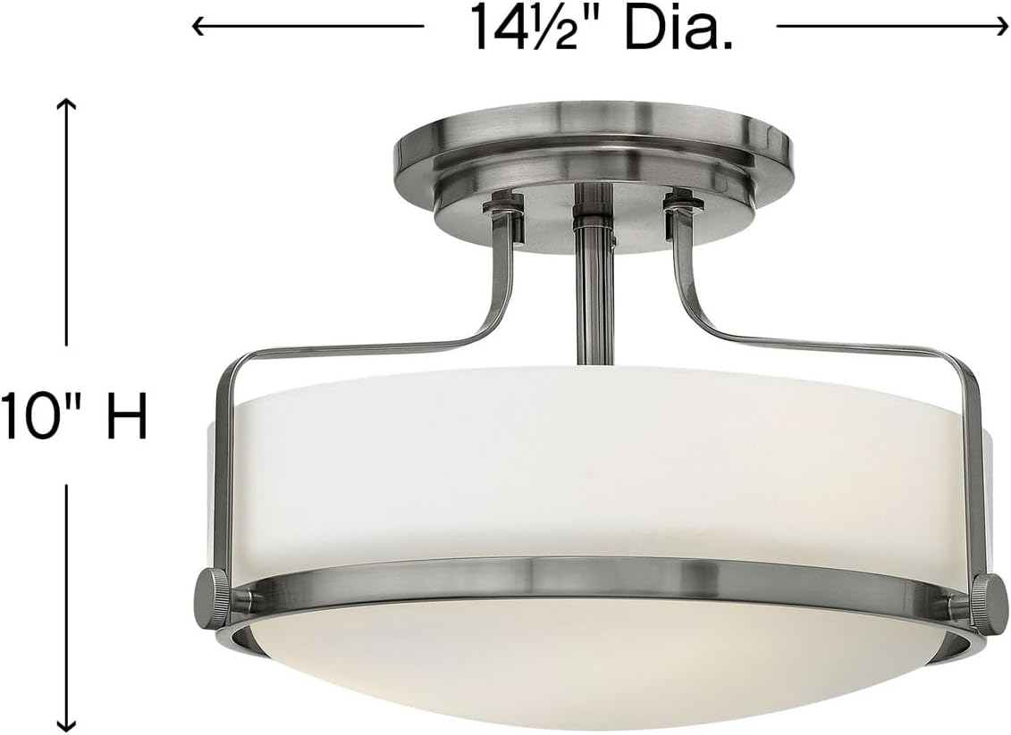 Hinkley Harper 3641BN Medium Semi-Flush Mount Ceiling Light, Sleek, Retro Style, Brushed Nickel and Etched Opal Glass