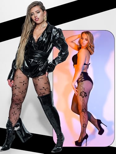 Ramede 6 Pairs Halloween Fishnet Stockings Thigh High Waist Lace Tights Patterned Fishnet Leggings Pantyhose for Women2