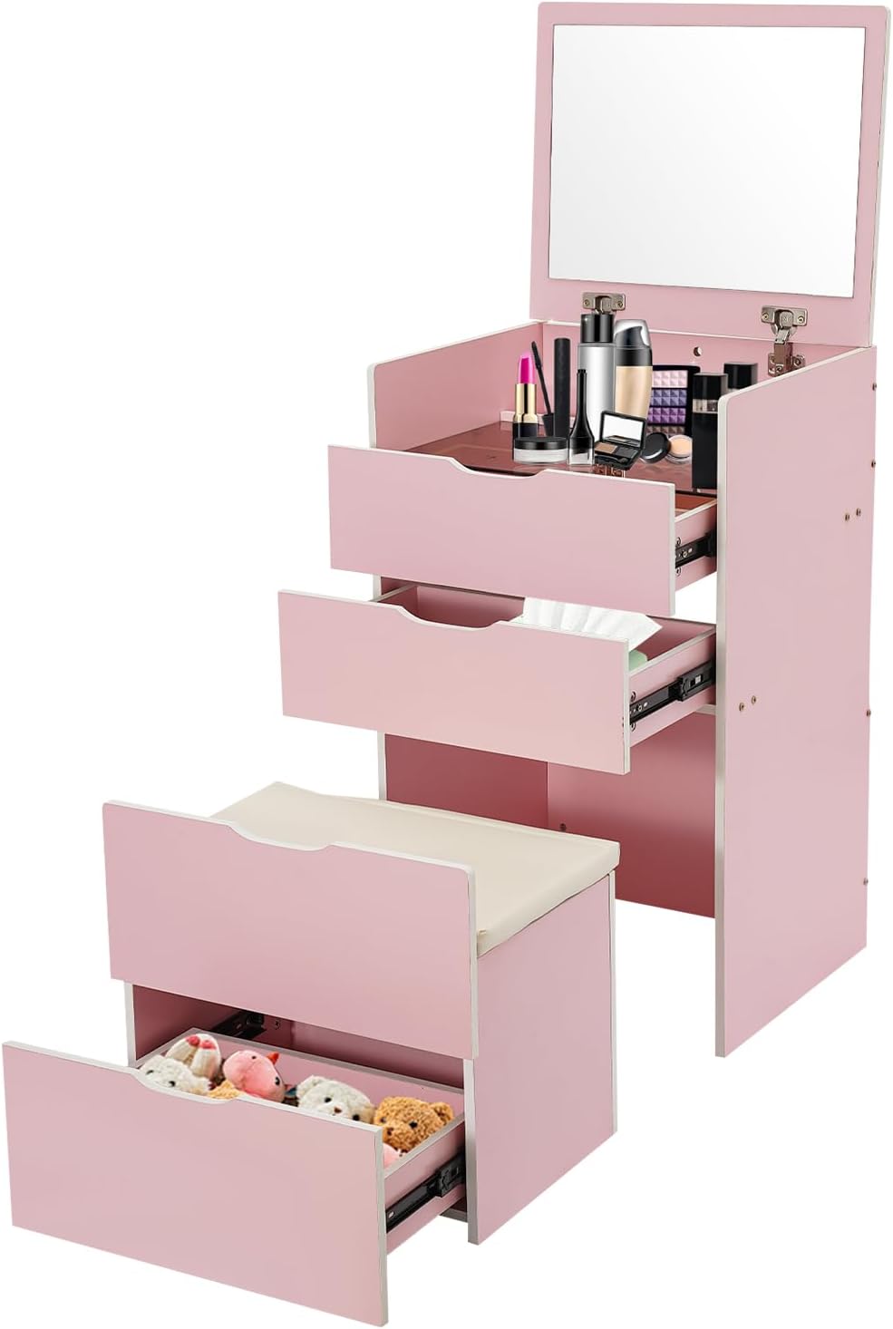 Vanity Desk, 3-in-1 Bedside Table with Mirror & Stool & 3 Drawer, 31.5 H Modern Vanity Makeup Table and Hidden Makeup Stool Set, Visible Table Top for Homes, Apartments. (Cream Pink)