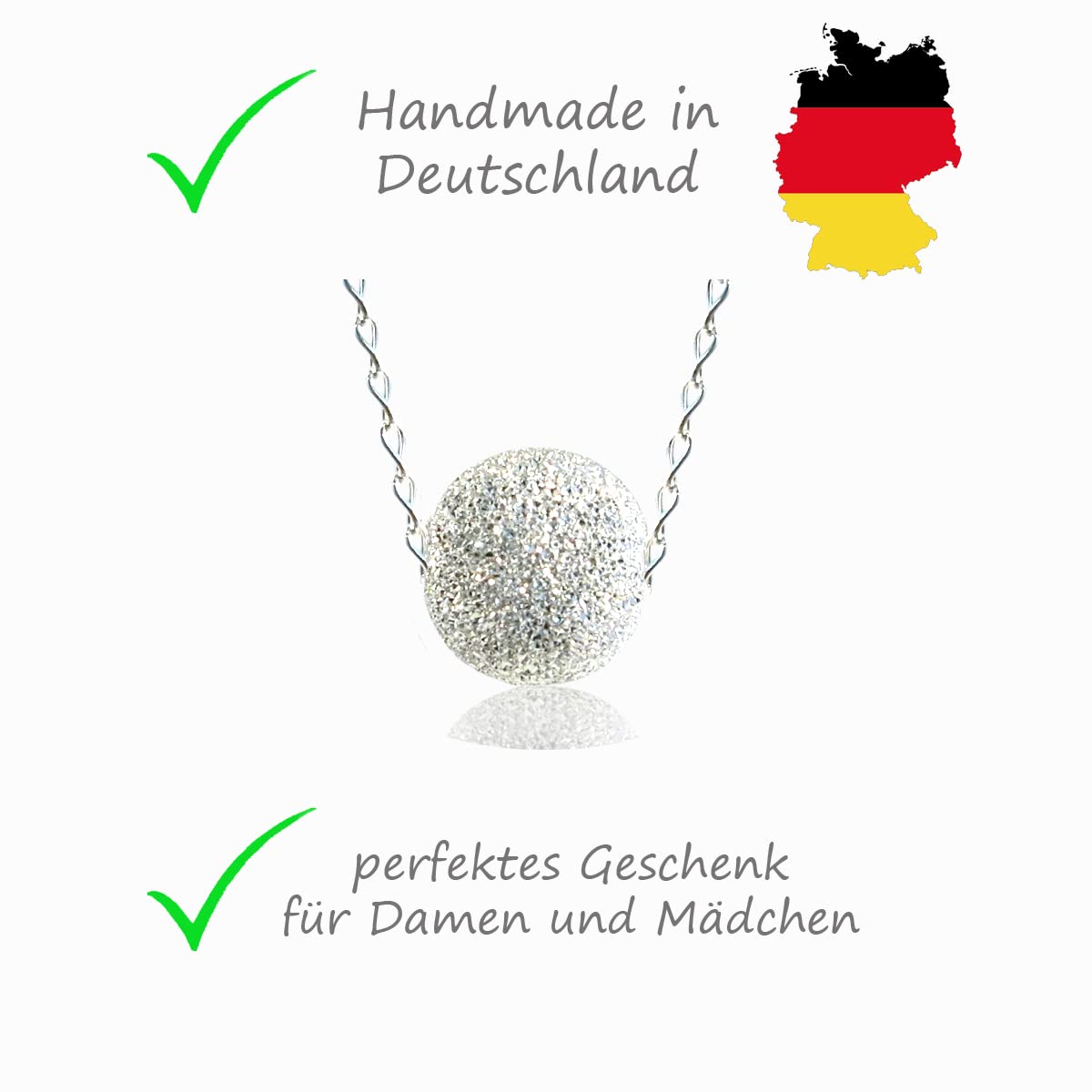 Silberkette Collier 925, funkelnde Kugel, 42 + 6,5 cm | handgefertigt in Deutschland, nickelfrei & hautfreundlich, verstellbar, ideal als Geschenk für Damen & Mädchen