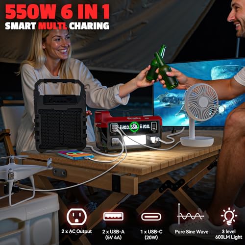 Image of Ecarke 550W Portable Power Inverter Compatible with DeWALT 20V Battery, DC 18V to AC 110V Pure Sine Wave Power Station 2 AC Outlets, 2 USB-A&1 USB-C 20W, 600LM LED Outdoor Emergency Use (No Battery)